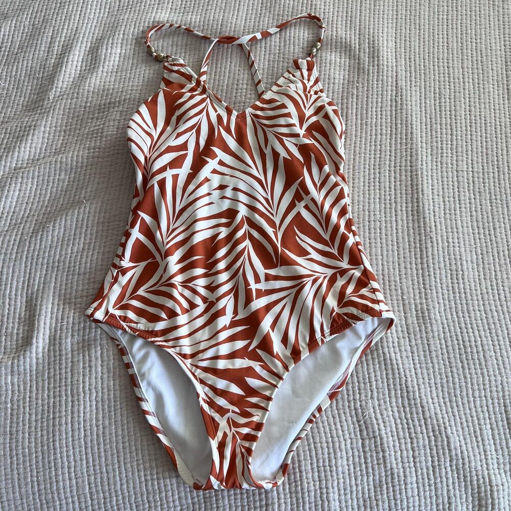 Shade & Shore Swimsuit Womens Medium Rust White Palm Leaf One Piece Strappy Back